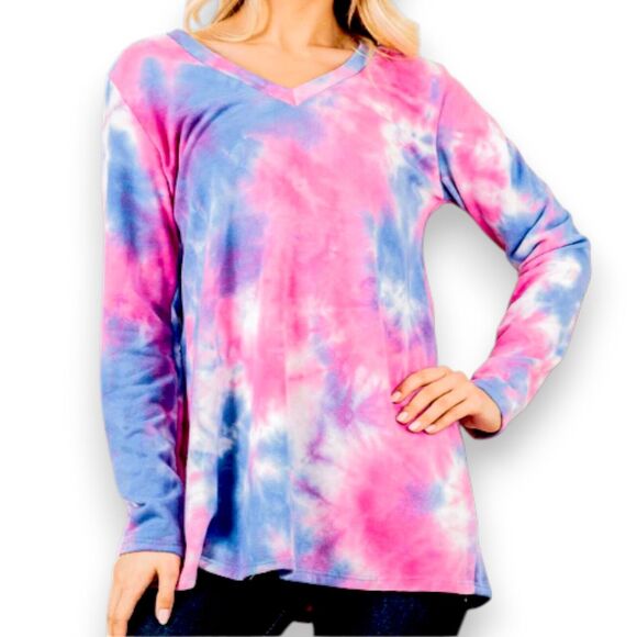 Dolnine Plus Size Collection TIe Dye‎ Pink Blue Long Sleeve V Neck Womens 18W - Picture 1 of 9